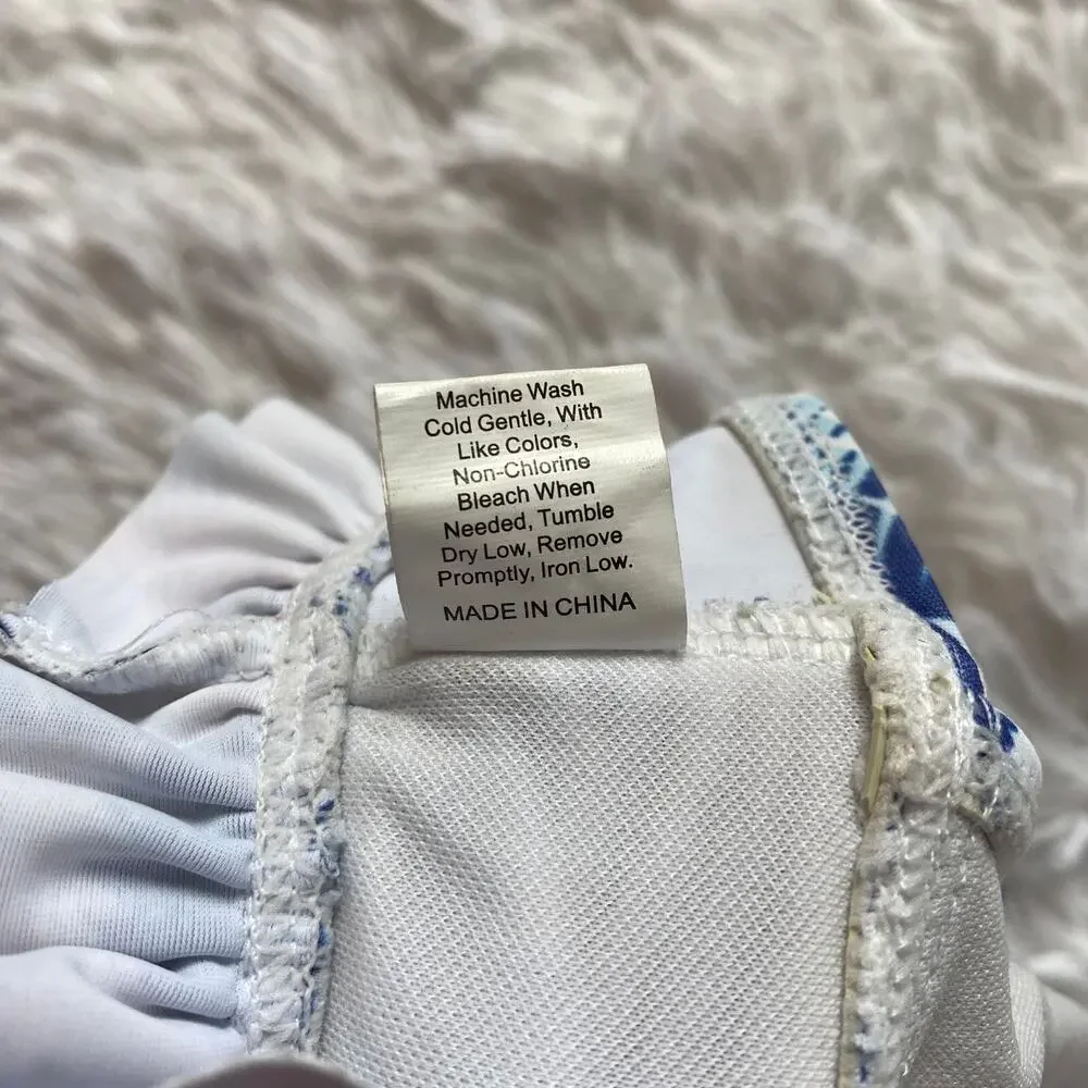 Palm‎ Tree Print Bralette Swim Top High Waisted Swimsuit, White Blue, Small